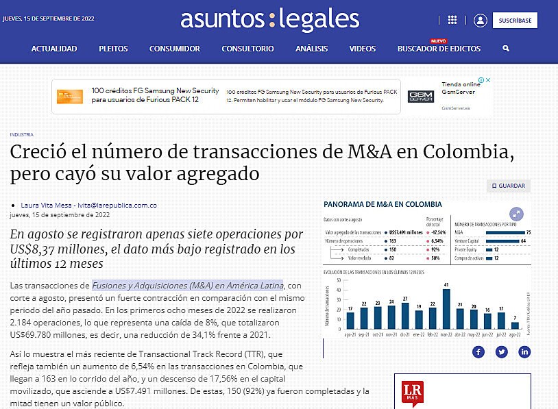 Creci el nmero de transacciones de M&A en Colombia, pero cay su valor agregado